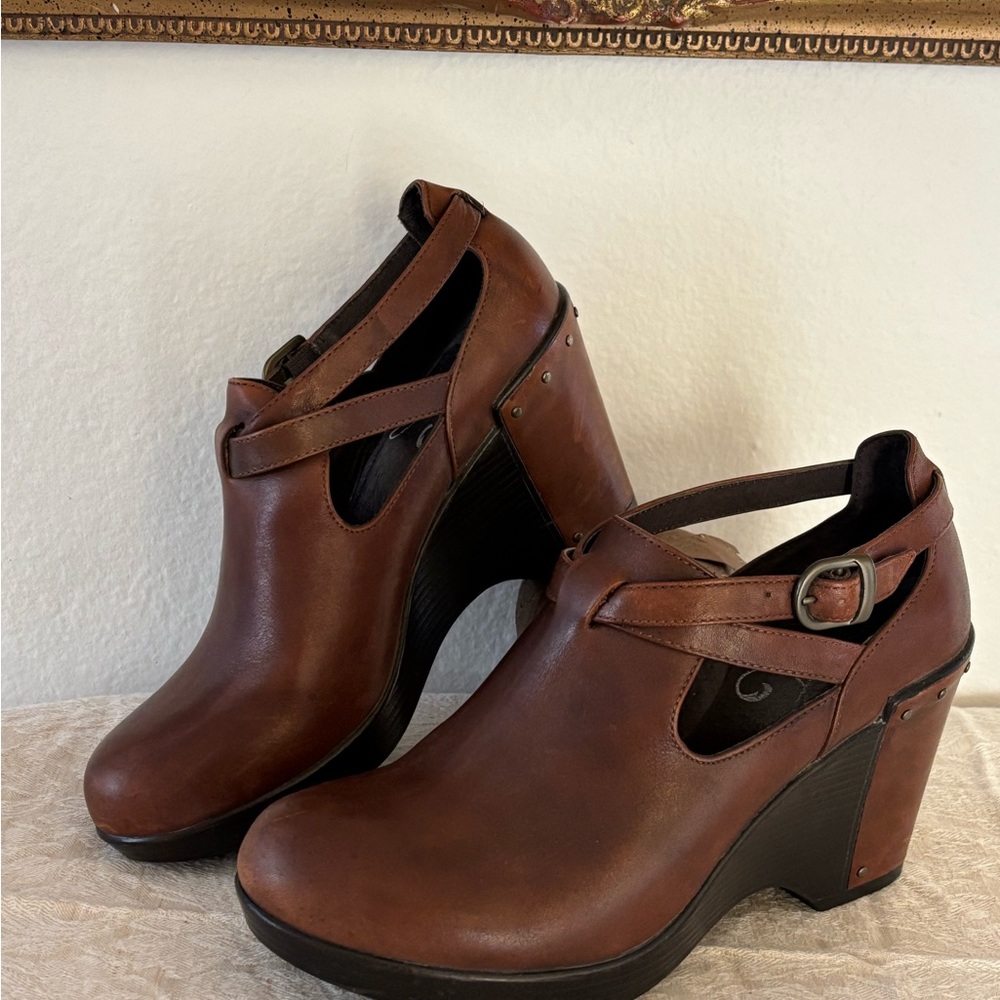 Dansko Brown Leather Wedge Clogs with Buckle Strap